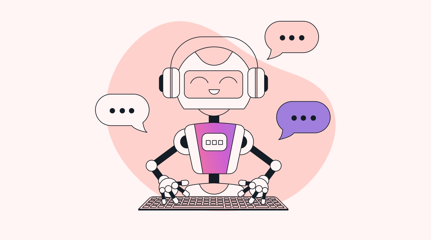 A smiling chatbot surrounded by messages