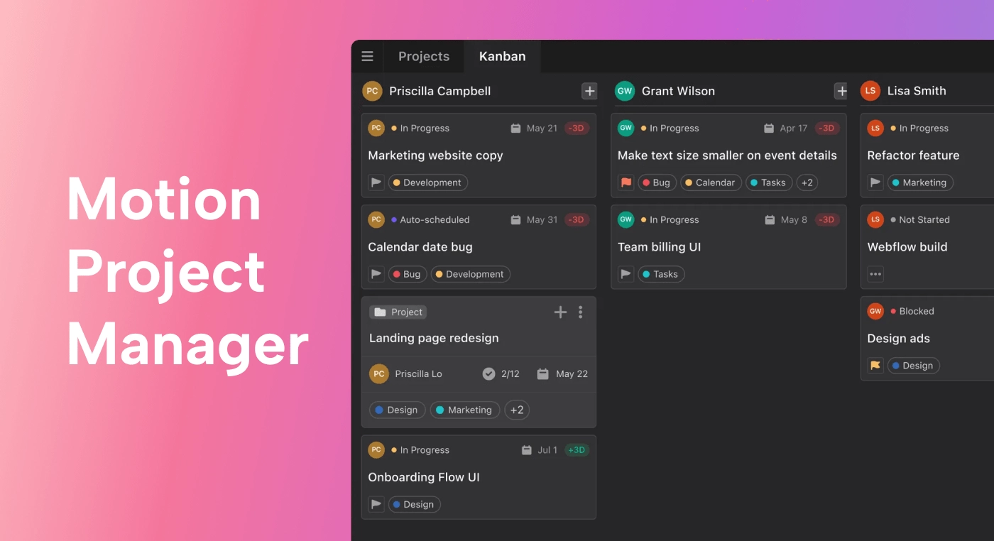 Screenshot of Kanban project view in Motion