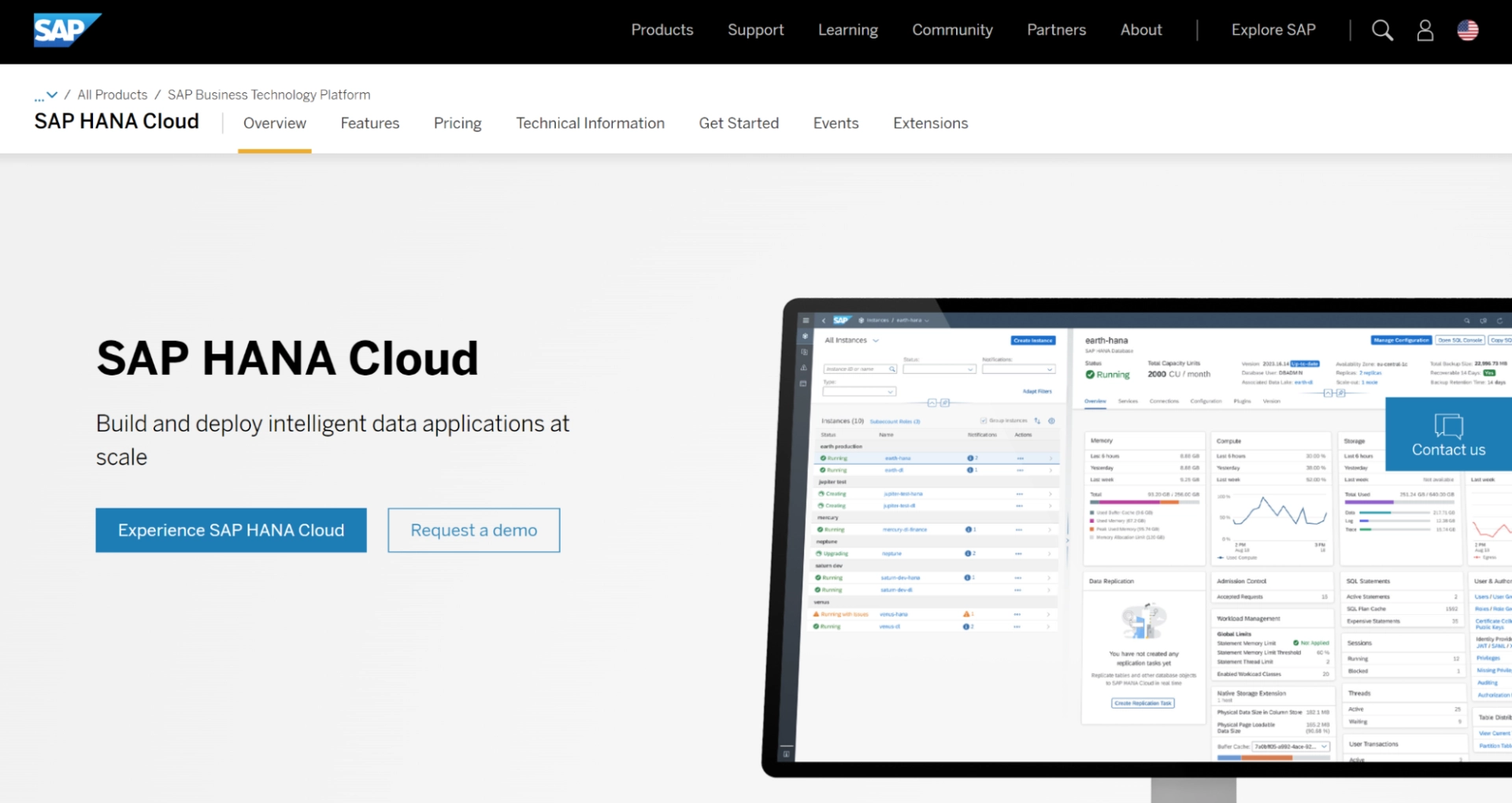 Screenshot of the SAP Hana Cloud homepage