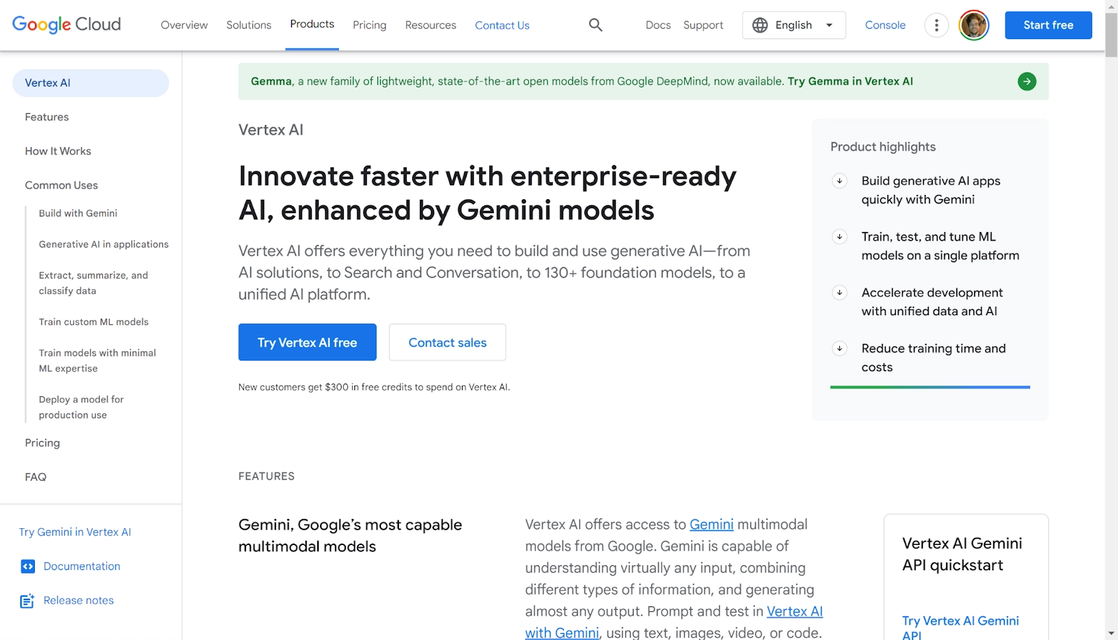 Screenshot of the Google Cloud Vertex AI homepage