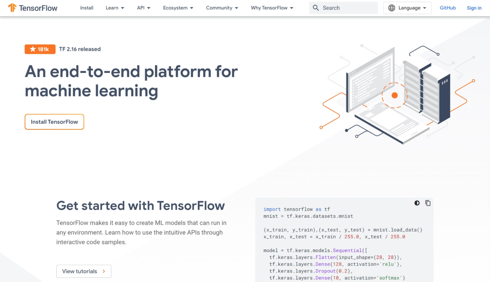 Screenshot of the TensorFlow machine learning platform