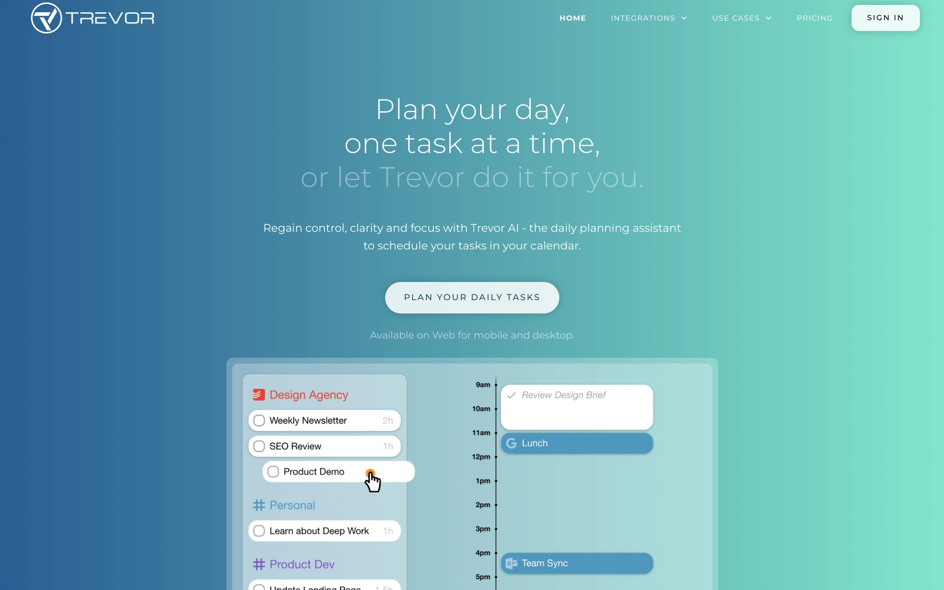 Screenshot of Trevor AI homepage