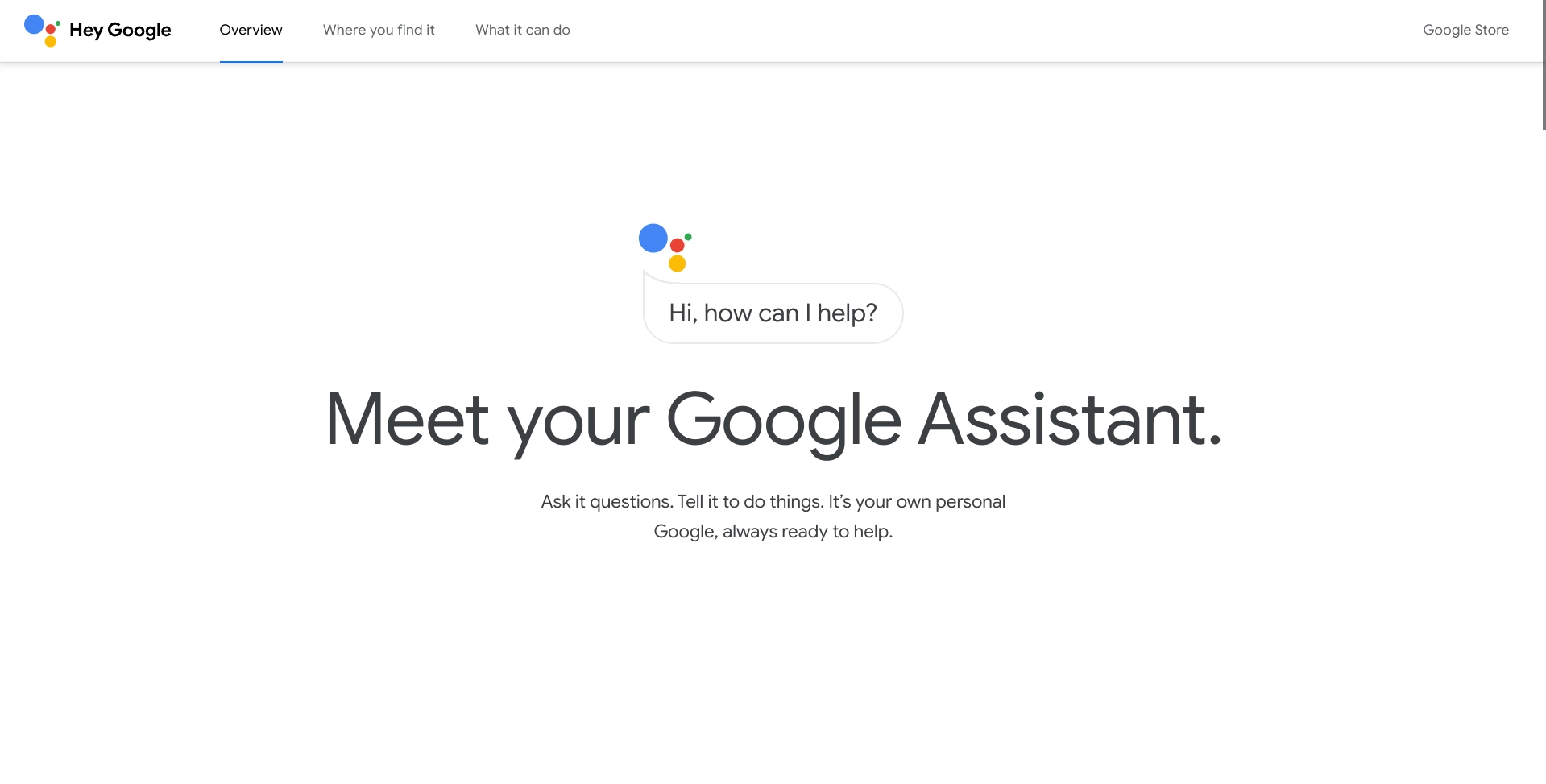 Screenshot of Google Assistant homepage