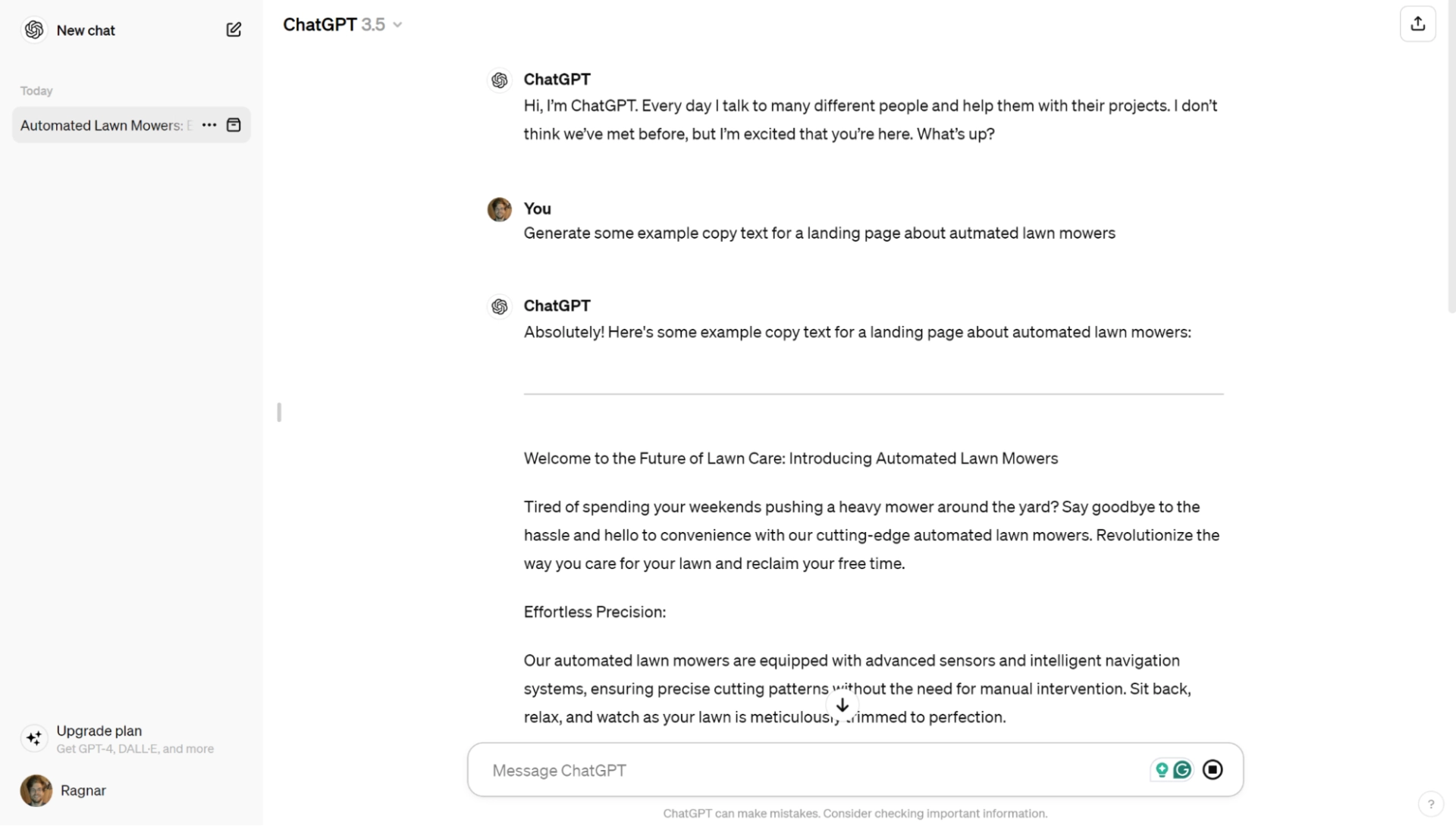 Screenshot of a prompt to ChatGPT about generating example copy for a web page