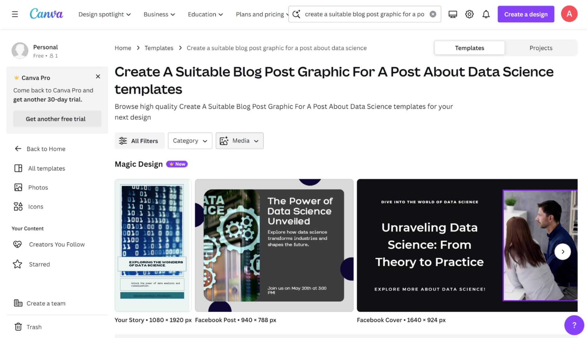 Screenshot of using the Magic Design tool in Canva