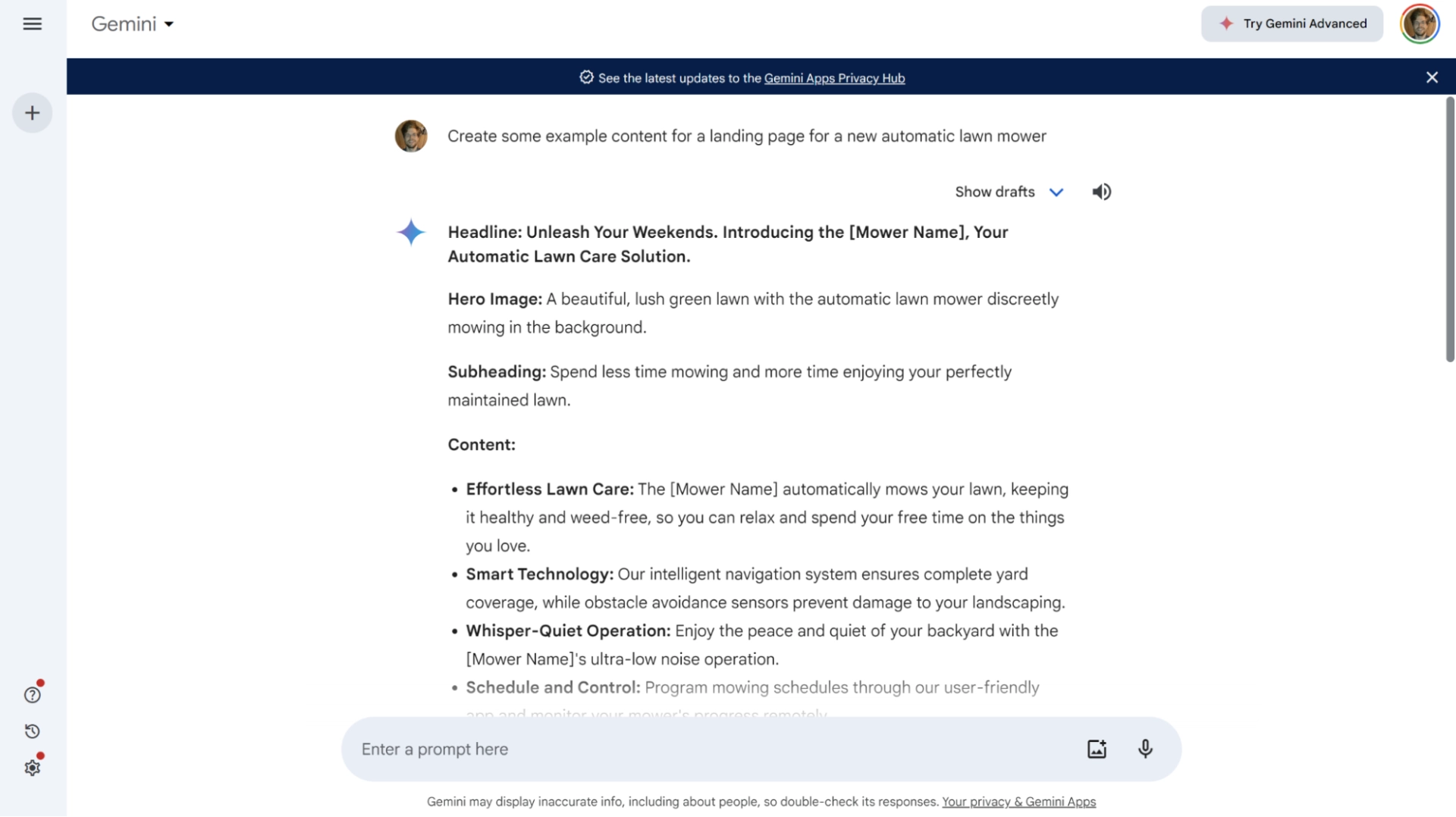 Screenshot of Google Gemini answering a prompt about content for a lawn mower landing page