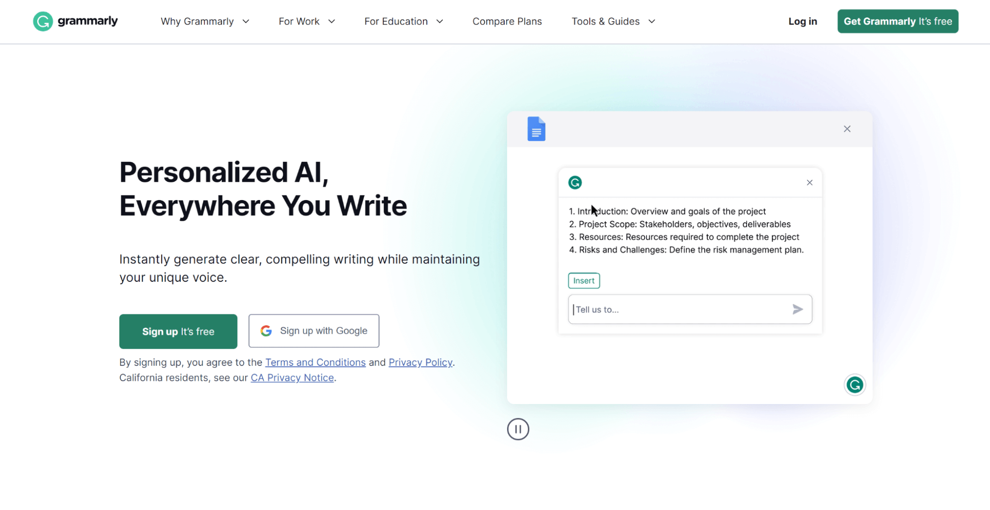 Screenshot of the Grammarly homepage