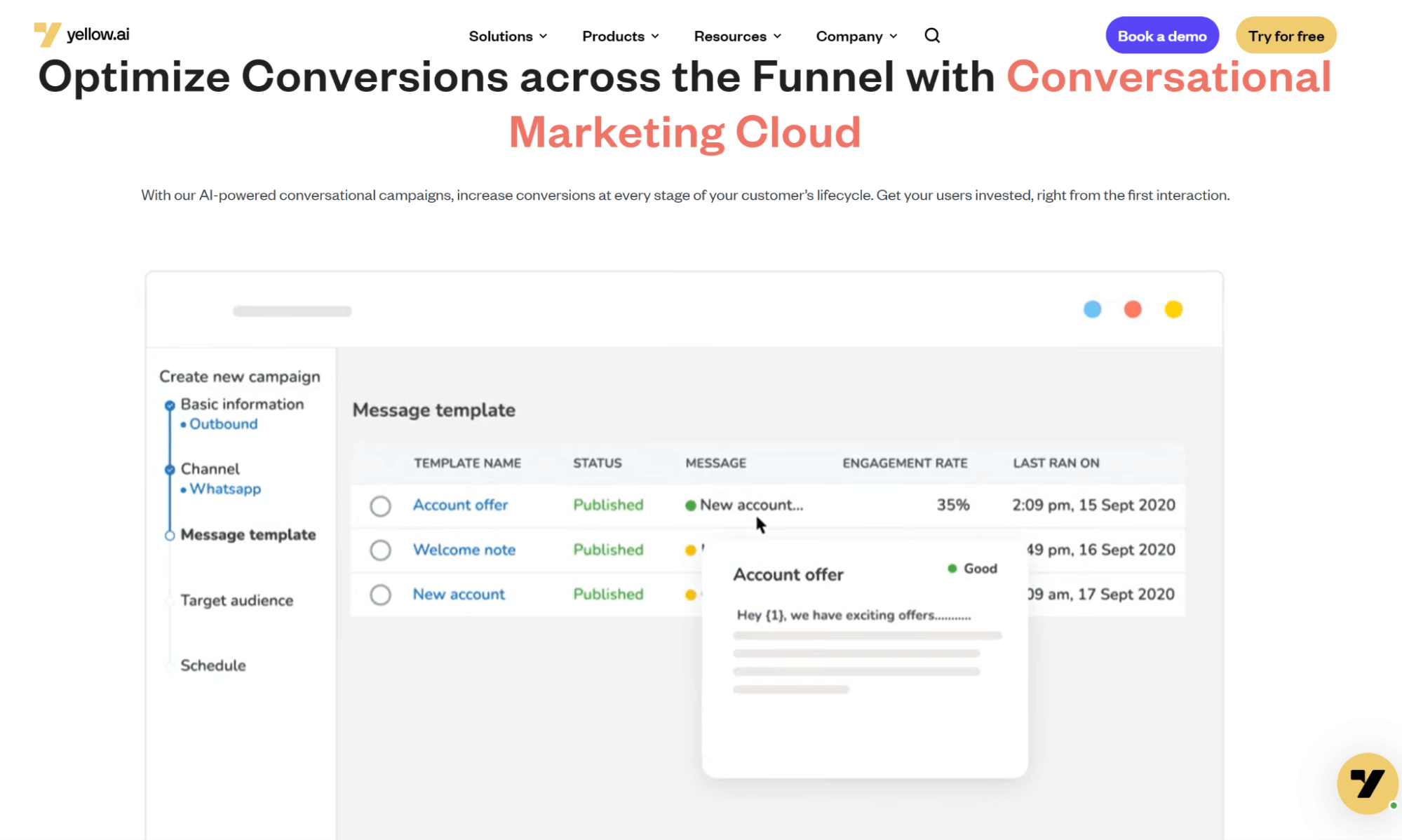 Screenshot of the Yellow.ai page for marketing