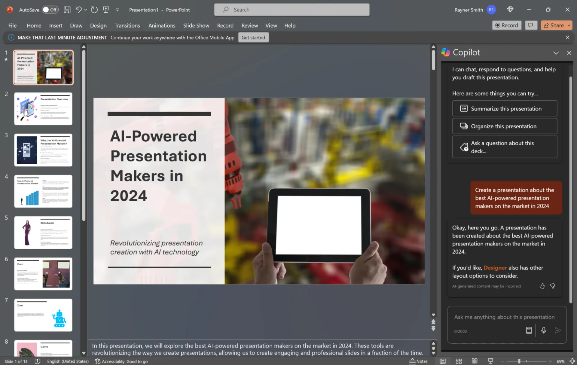 Screenshot of using MS Office Copilot in PowerPoint to generate a presentation