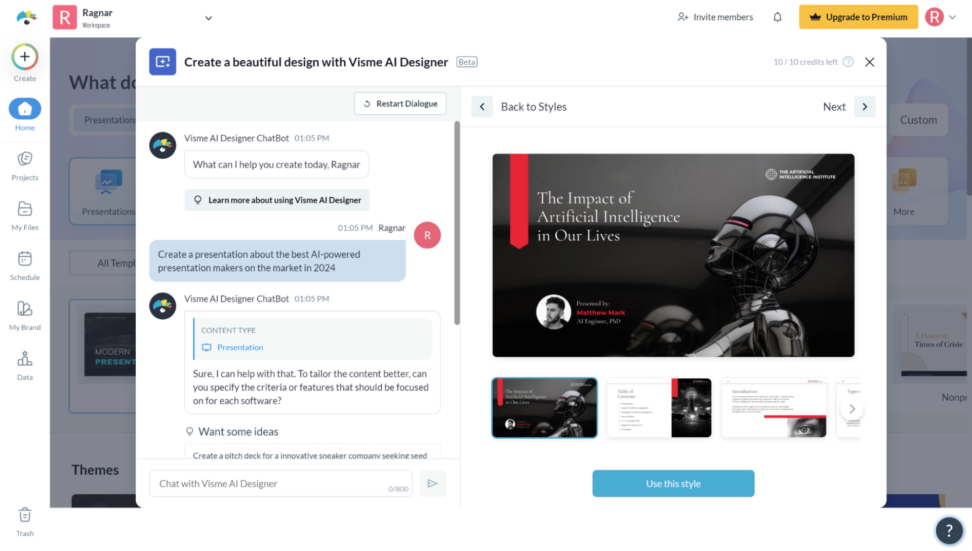Screenshot of the Visme AI in action