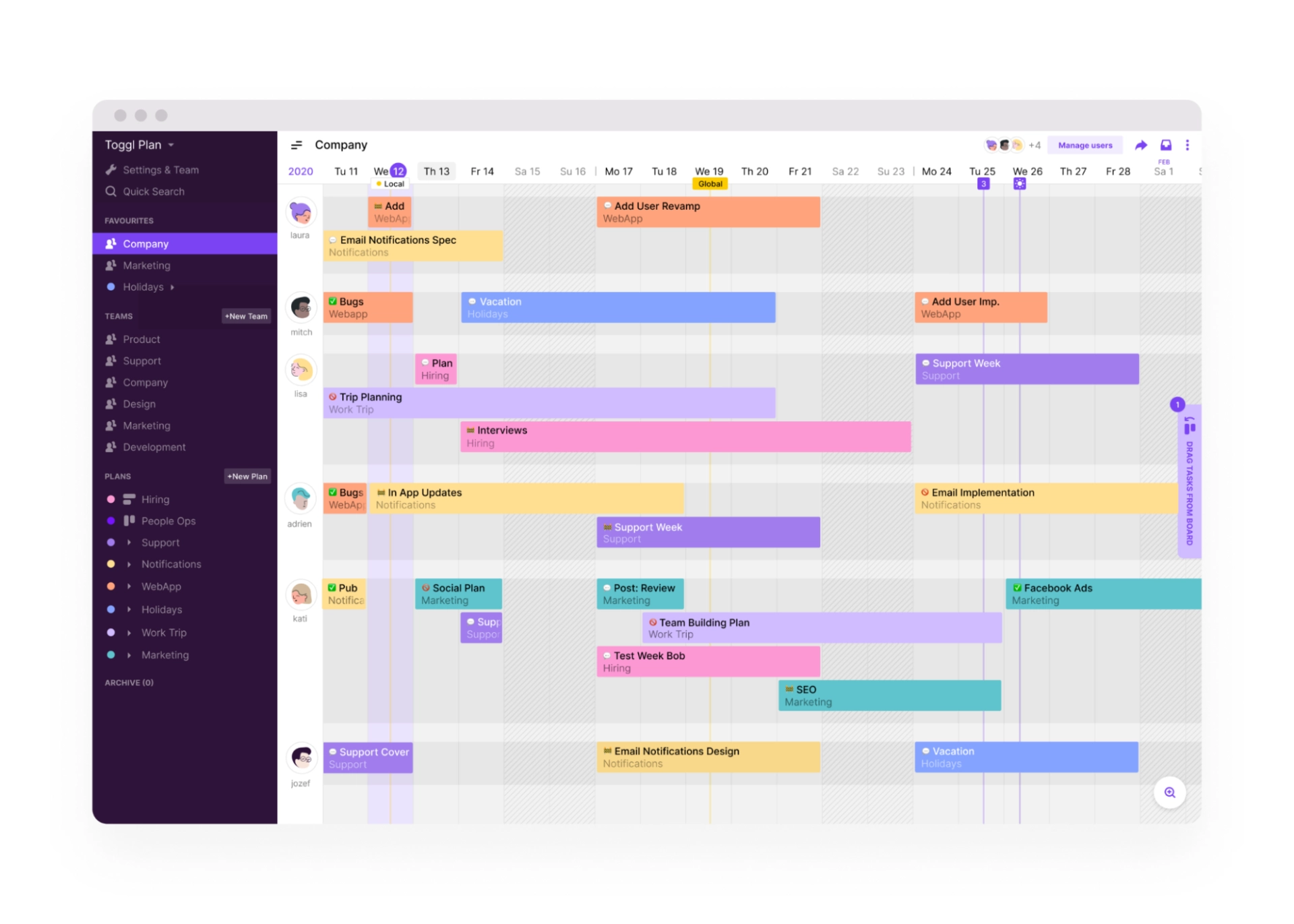 Toggl Plan colorful timeline dashboard