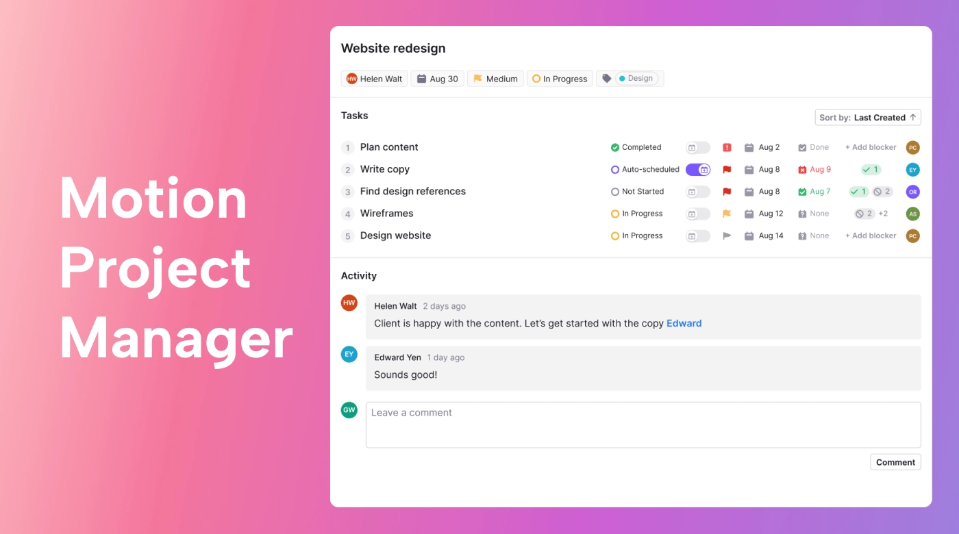 Screenshot of Motion project manager feature