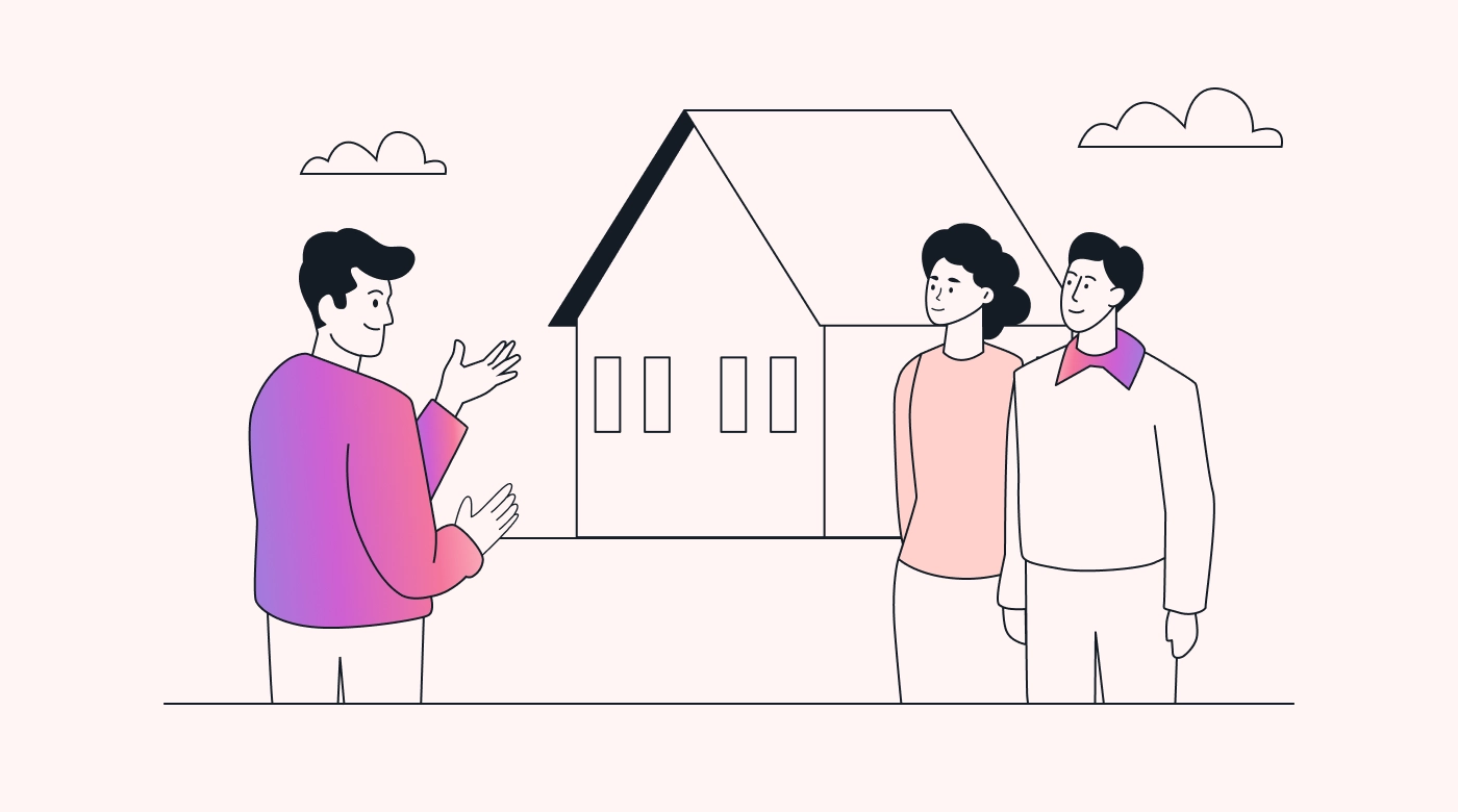 Real estate agent showing a house to a family.