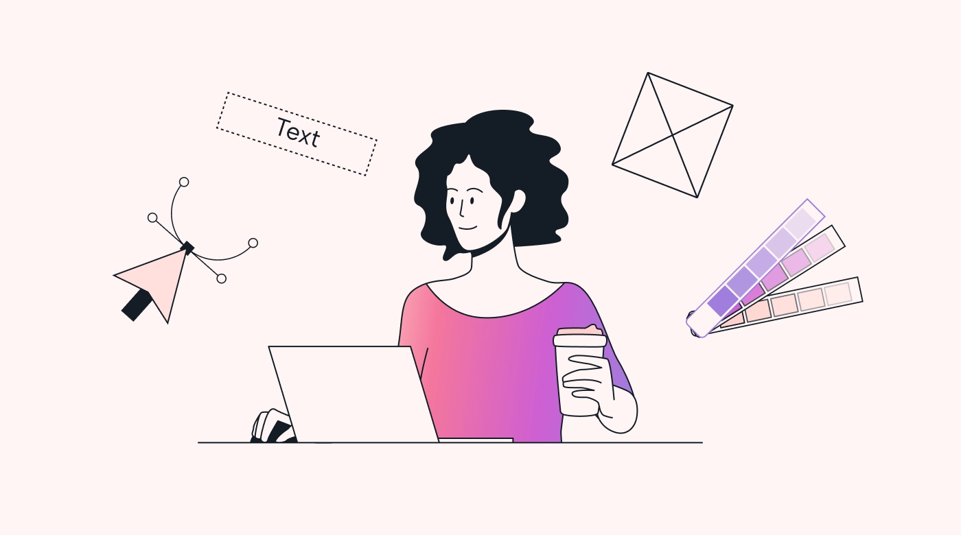 Graphic designer working at a desk surrounded by ideas.