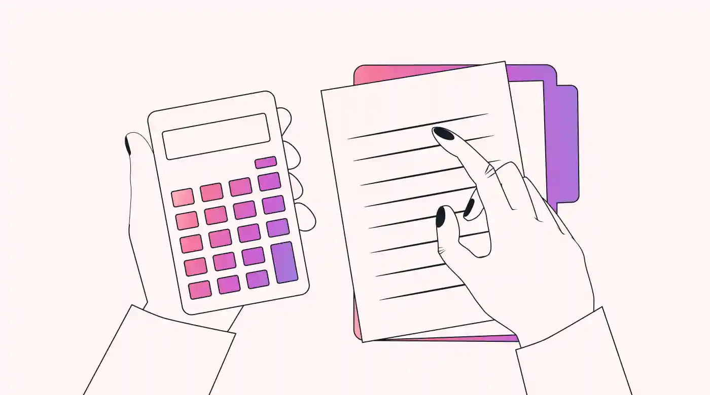 Hands holding a calculator and pointing at a notepad