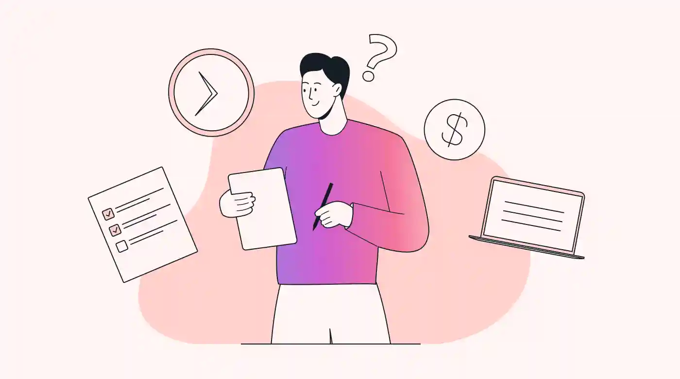 A person is calculating time and cost while images of a dollar sign