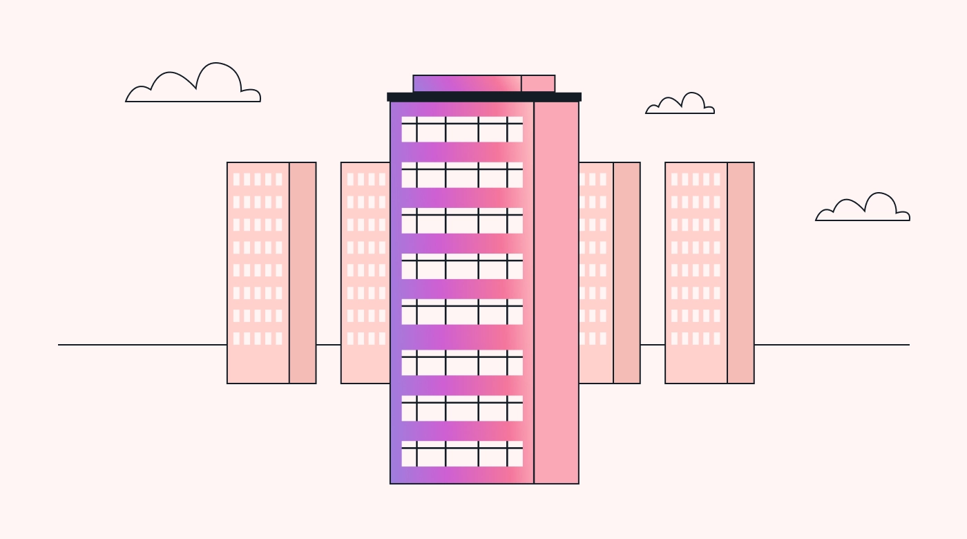 Five buildings with the middle one in a spotlight