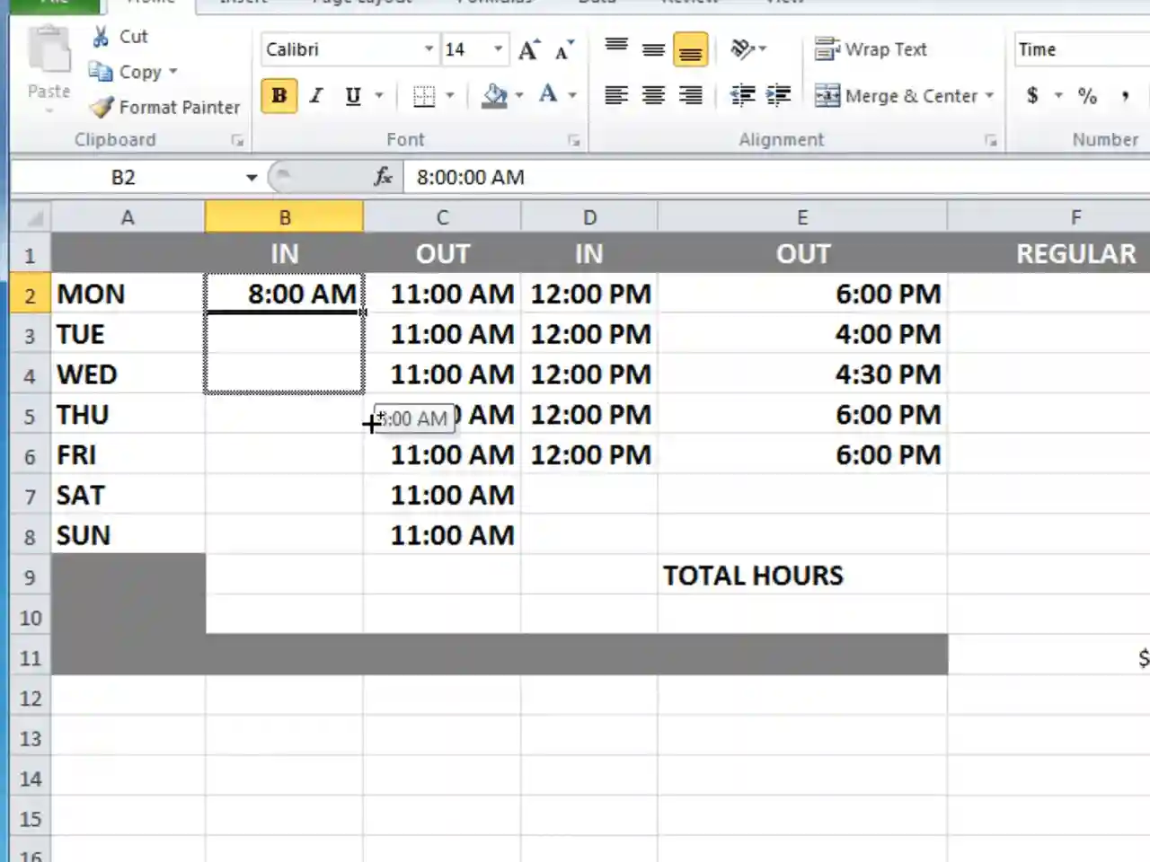 An Excel spreadsheet with times in cells