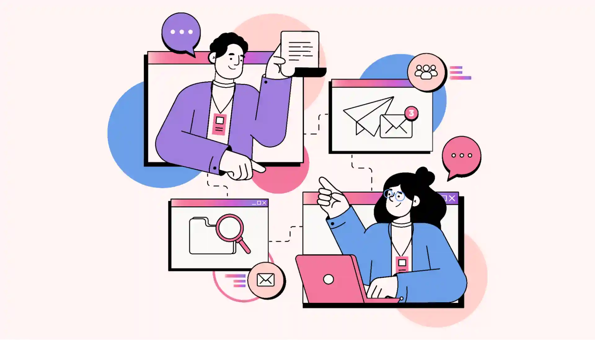 Two people working on laptops with icons for email and files