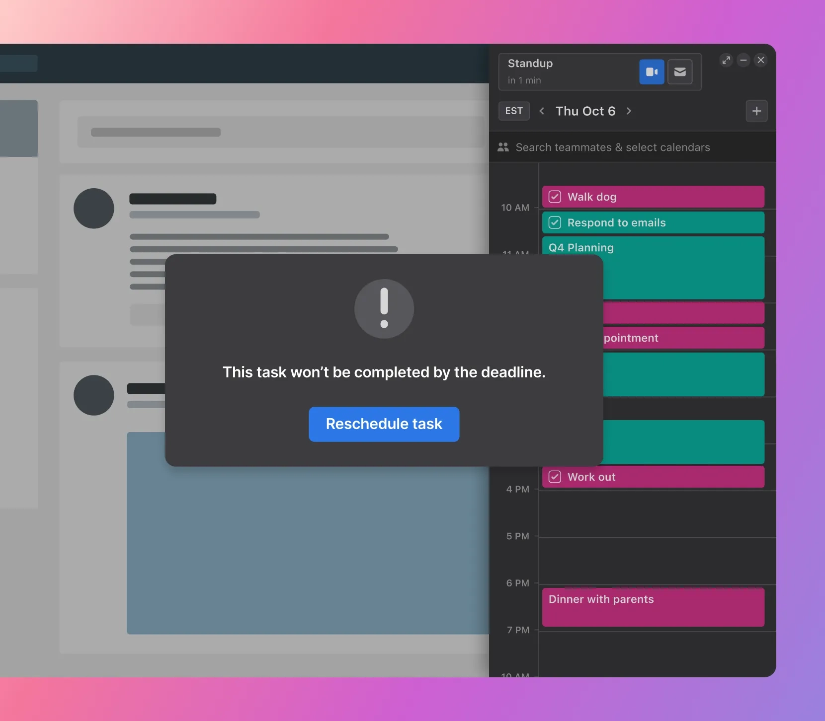 Image of a message warning of a task that will be overdue