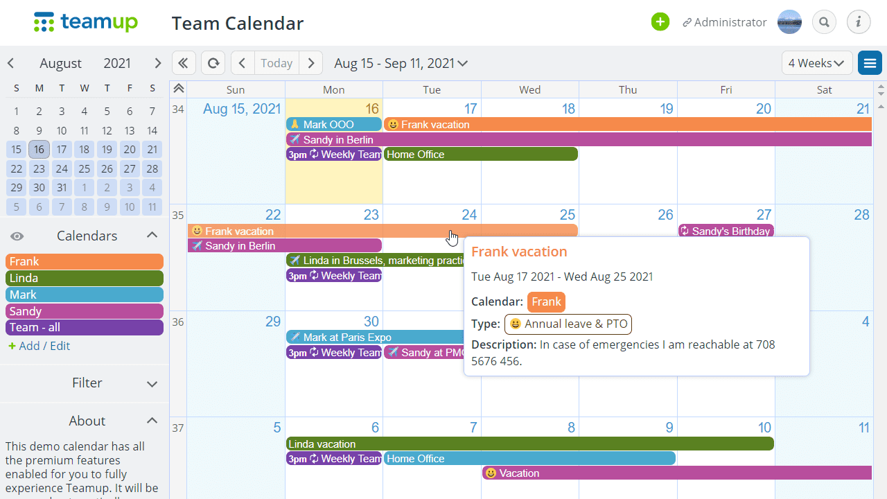 Screenshot of TeamUp