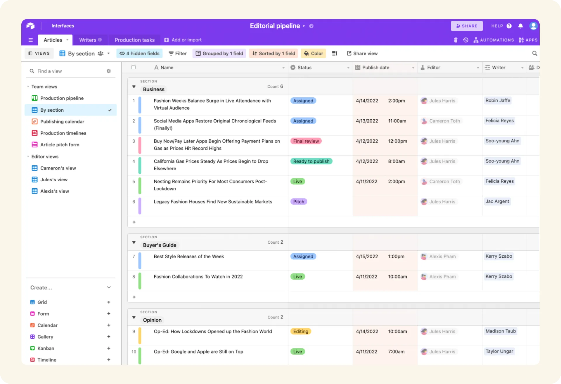 Airtable task management interface