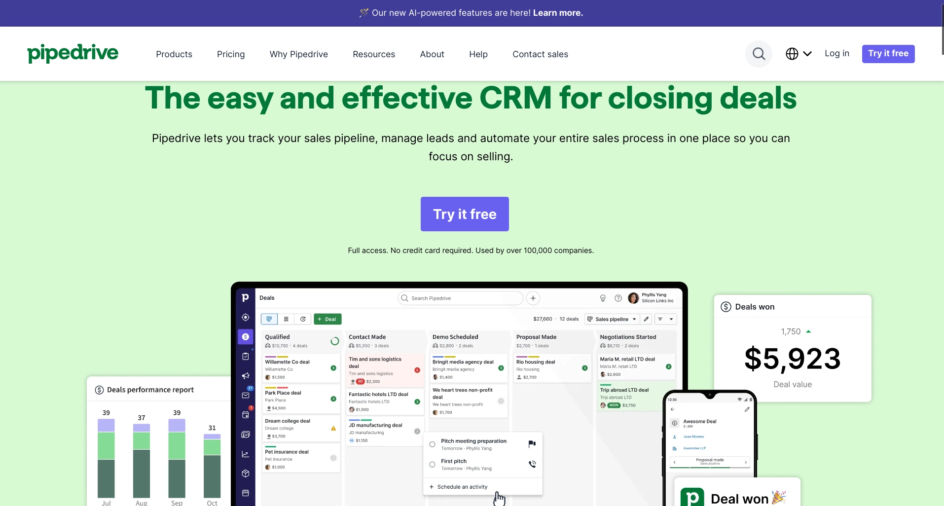 Screenshot of Pipedrive homepage