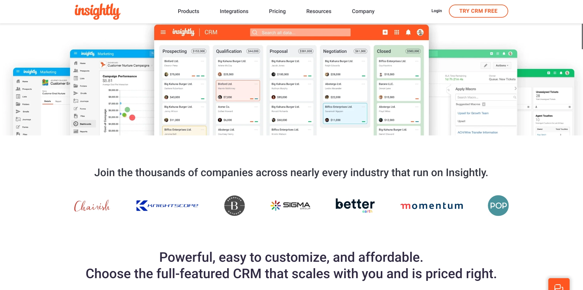 Screenshot of Insightly homepage
