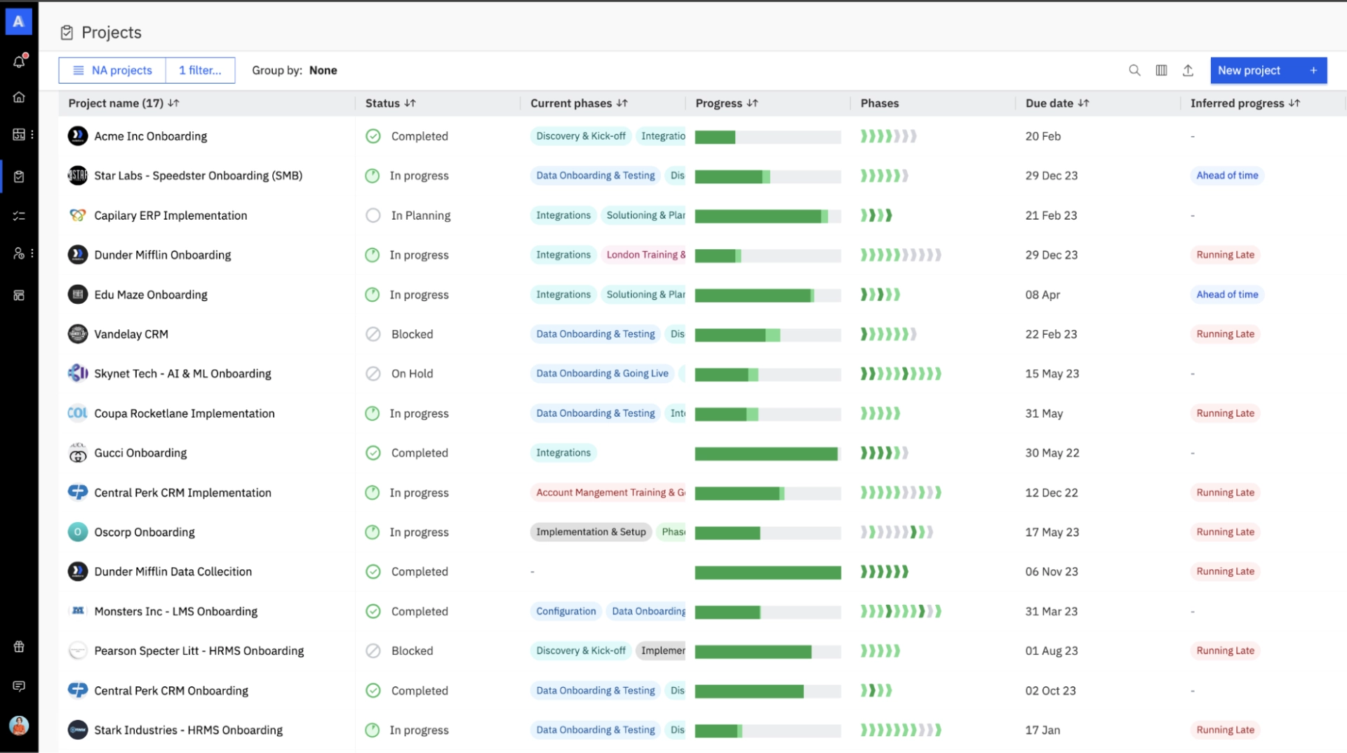 Rocketlane dashboard for onboarding clients