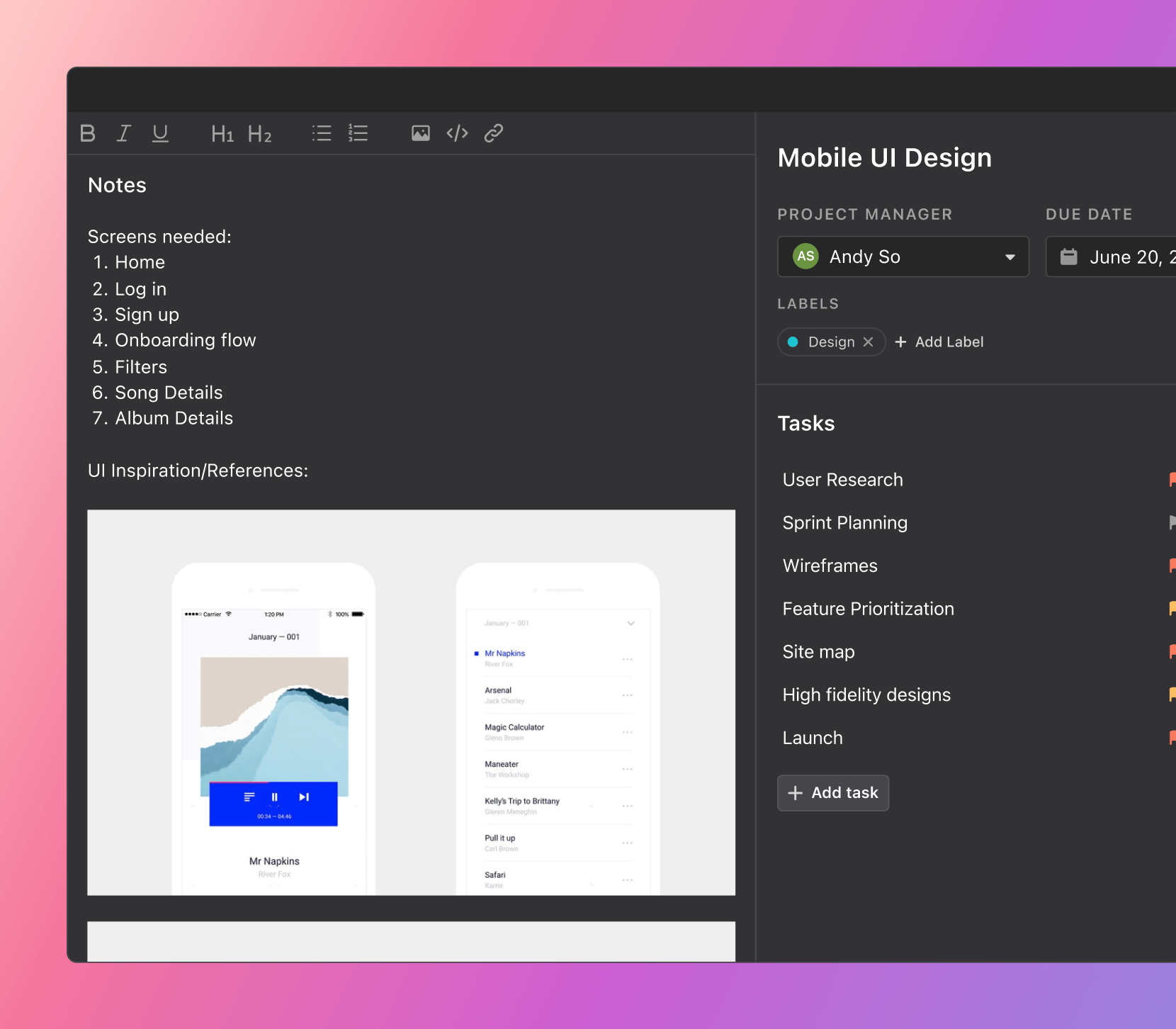 A popup with text fields