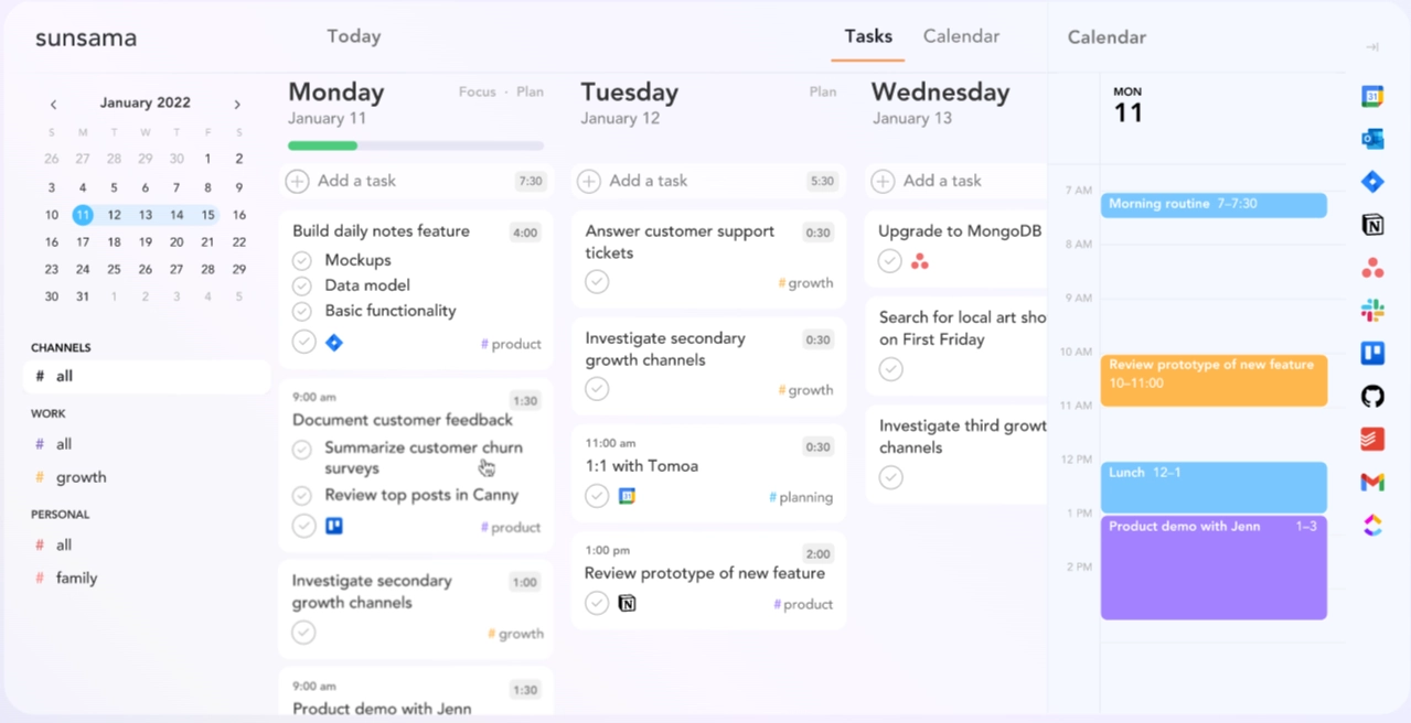 A screenshot of the Sunsama calendar