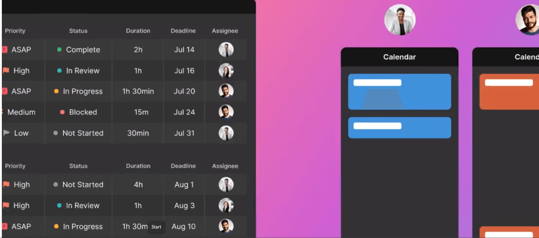 A screenshot of a project board with calendars alongside