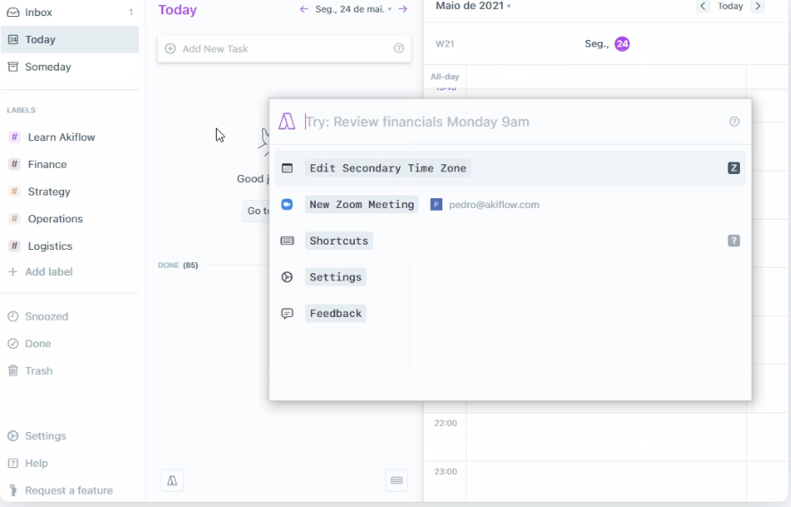 A screenshot of Akiflow task planning