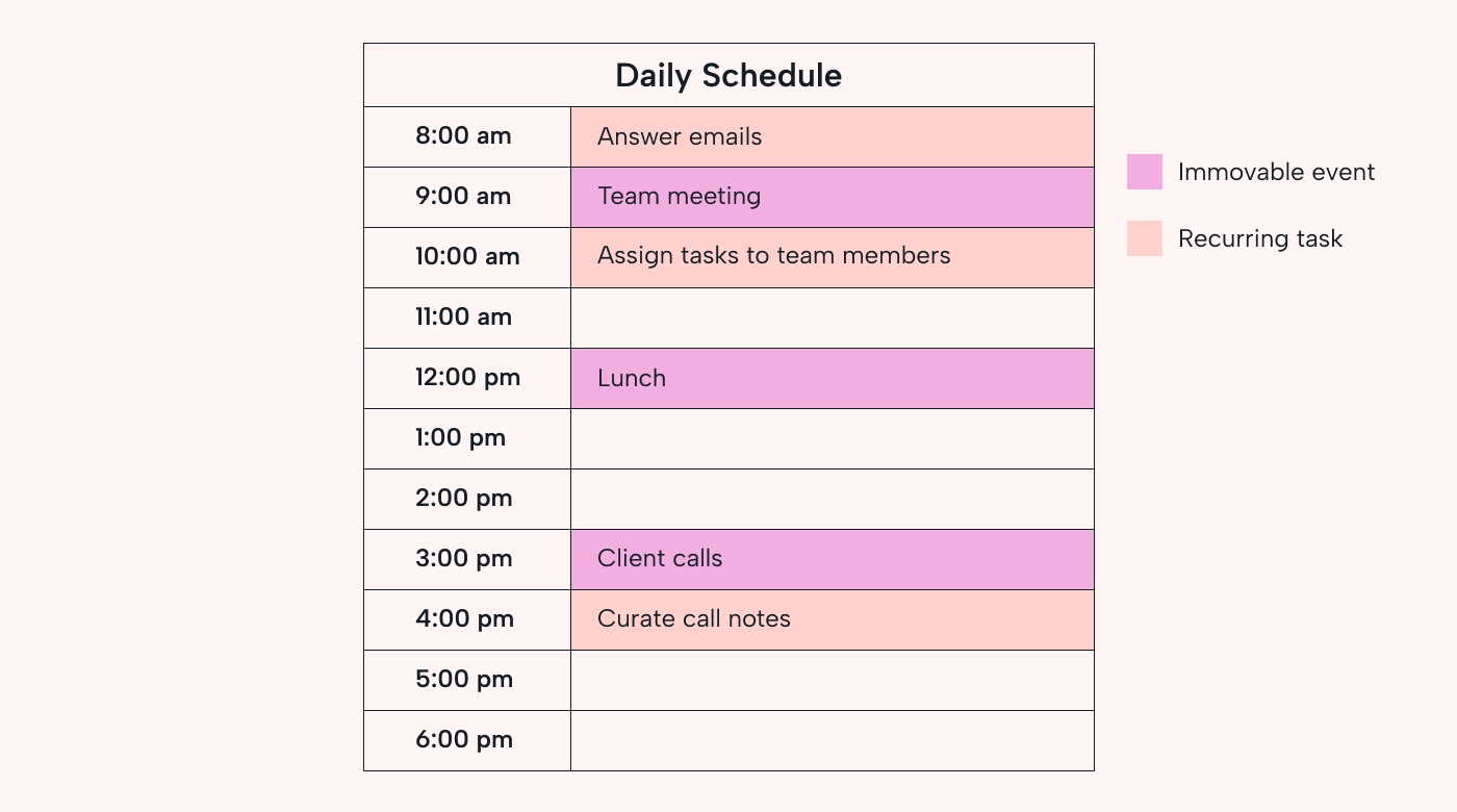 Immovable events recurring tasks in custom daily schedule template