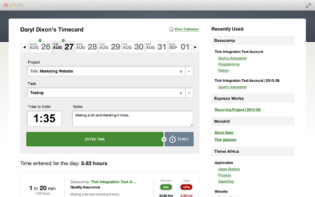Sample employee timecard in Tick