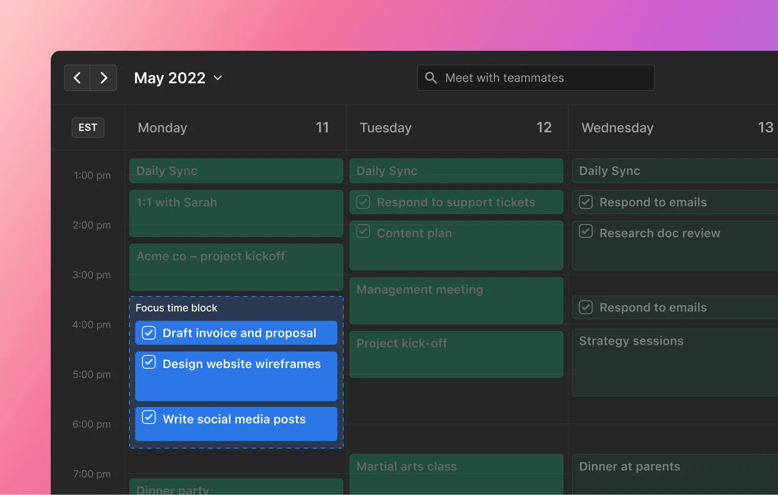 A focus time block highlighted on a Motion calendar