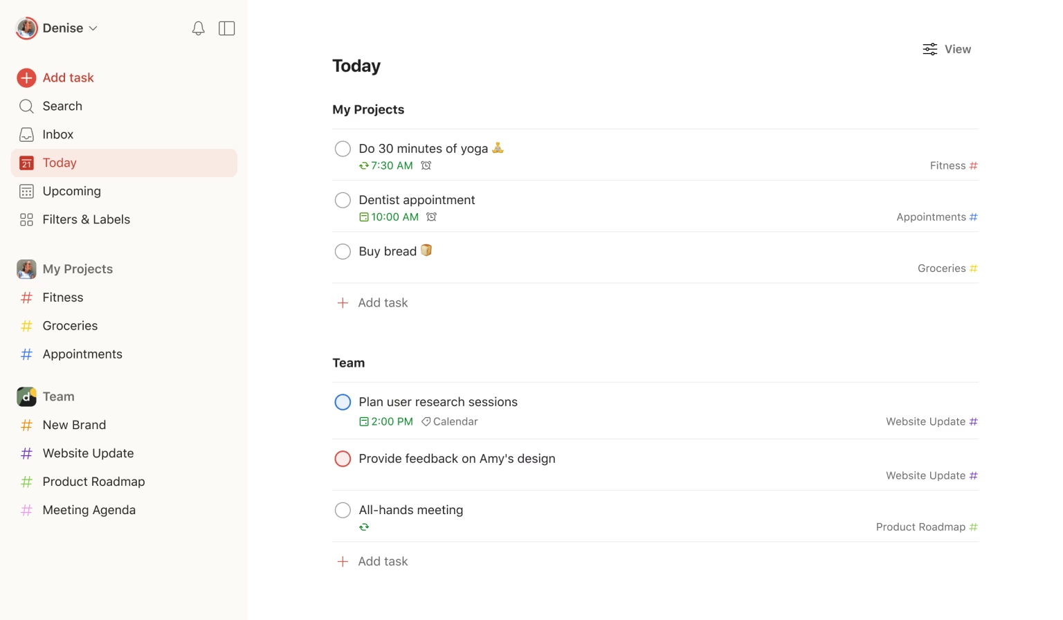Screenshot of Todoist software