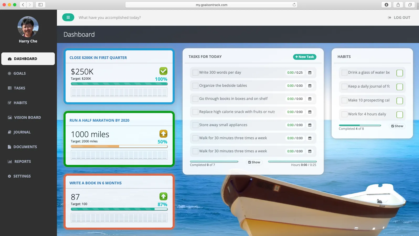 Screenshot of GoalsOnTrack interface