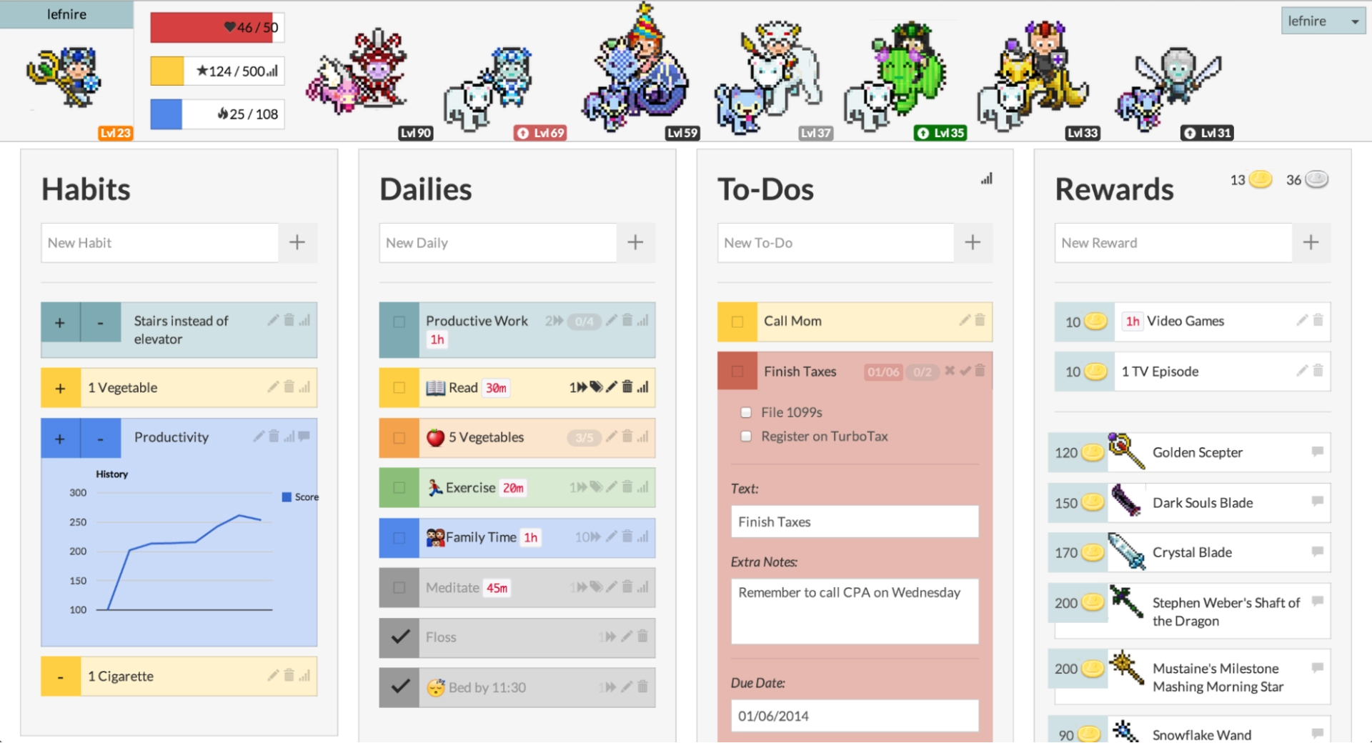 Screenshot of Habitica interface