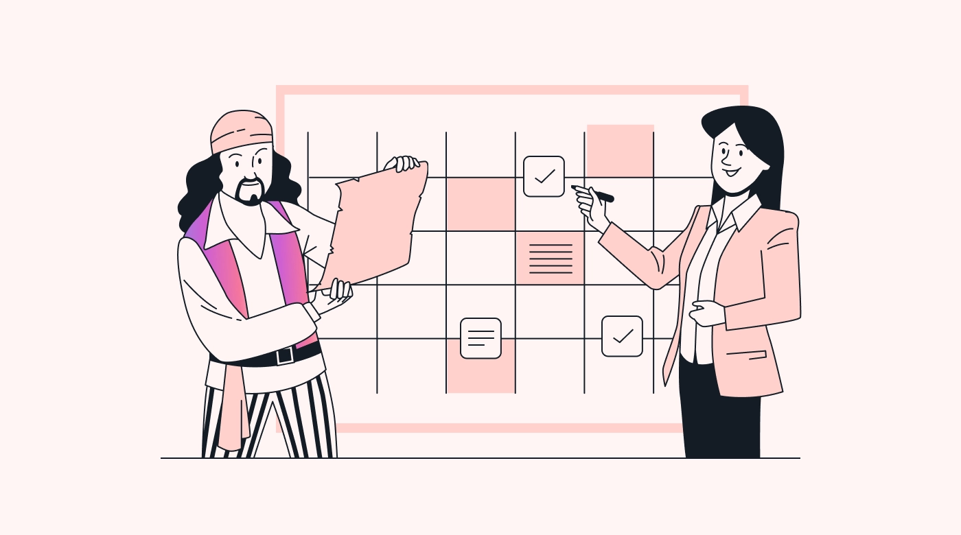Pirate and professional brainstorming on a whiteboard