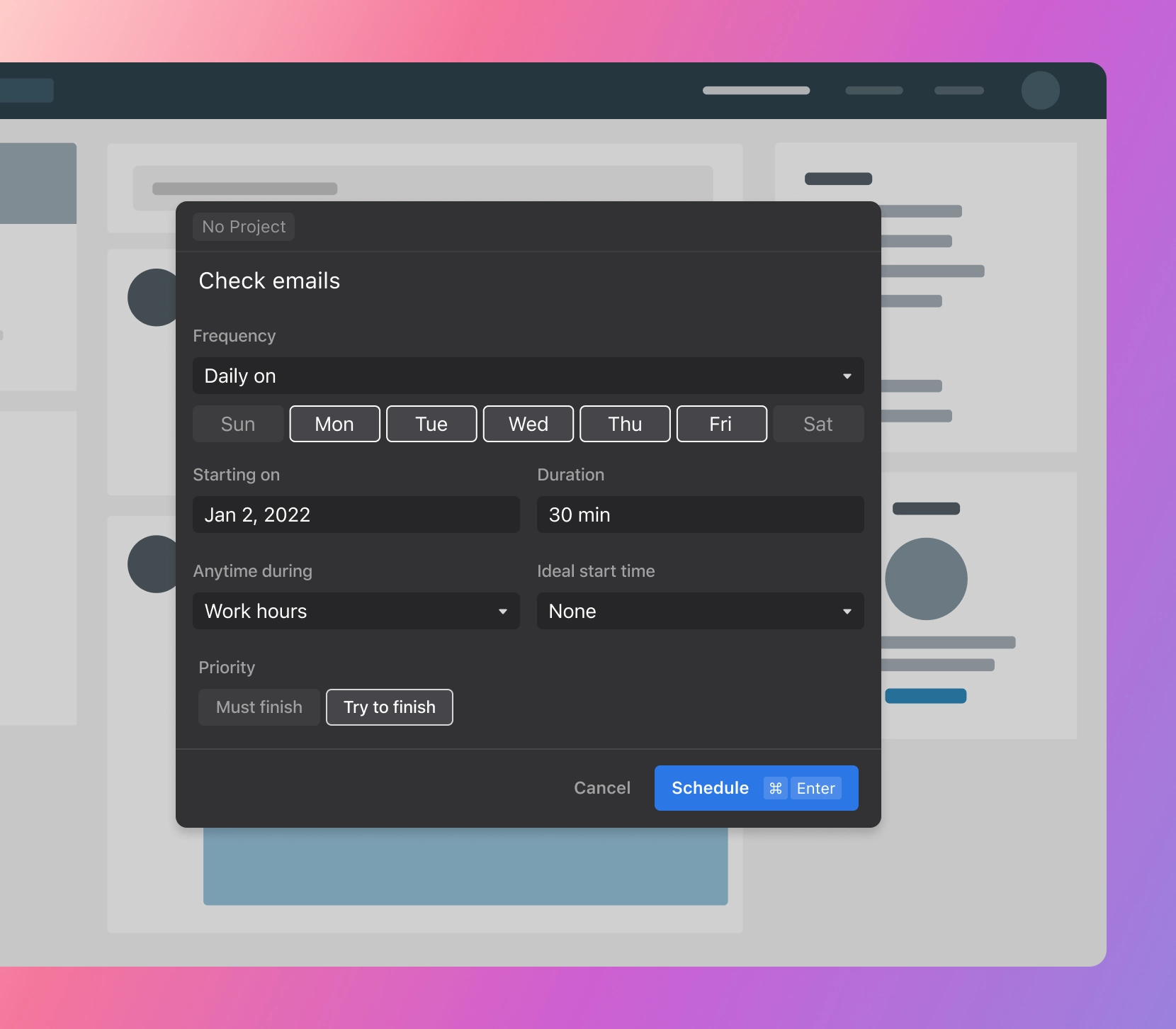 Motion dashboard for task scheduling