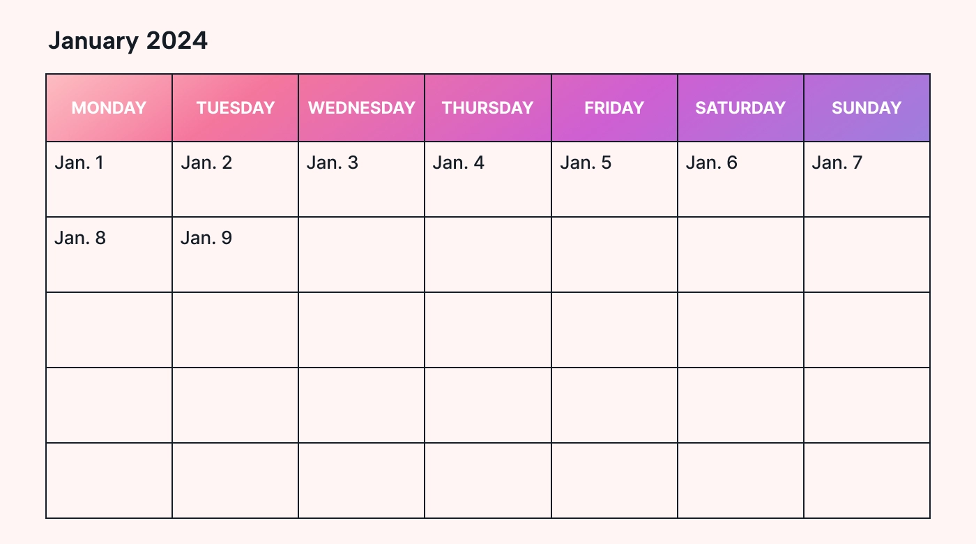 A Google Docs calendar layout