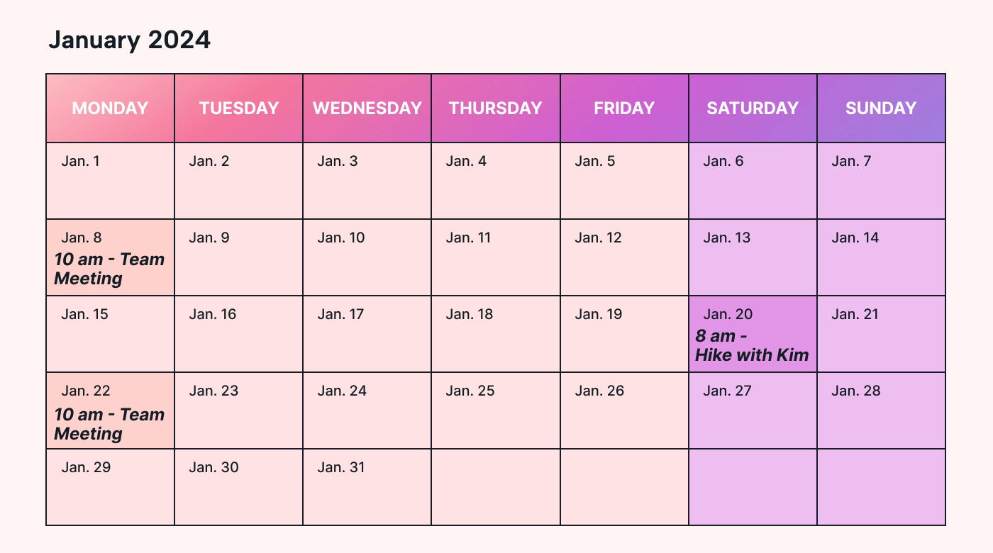 Screenshot of a Google Docs calendar