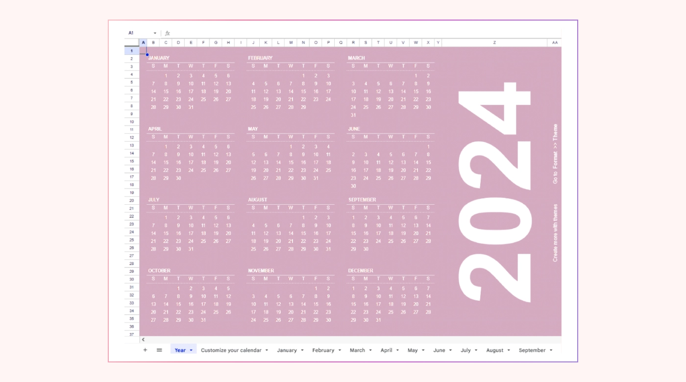 A calendar template in Google Sheets