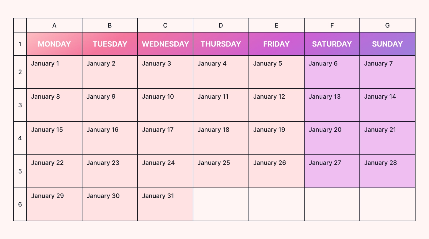 A Google Sheets calendar layout