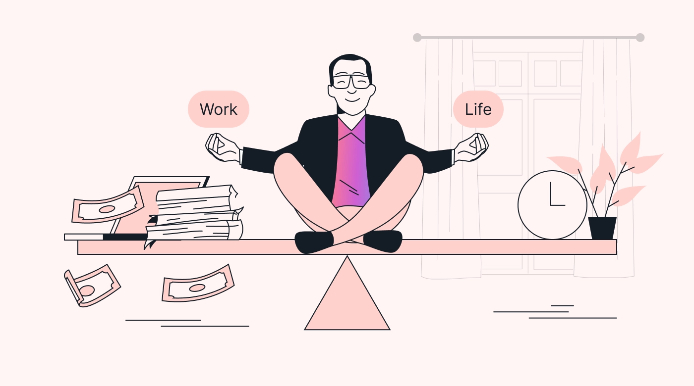 Person sitting between two scales representing work on one side and life on the other