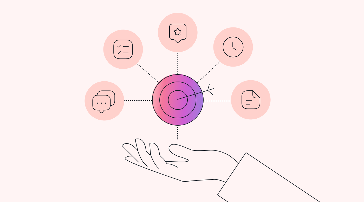 A hand with a target above it and multiple icons representing resources 