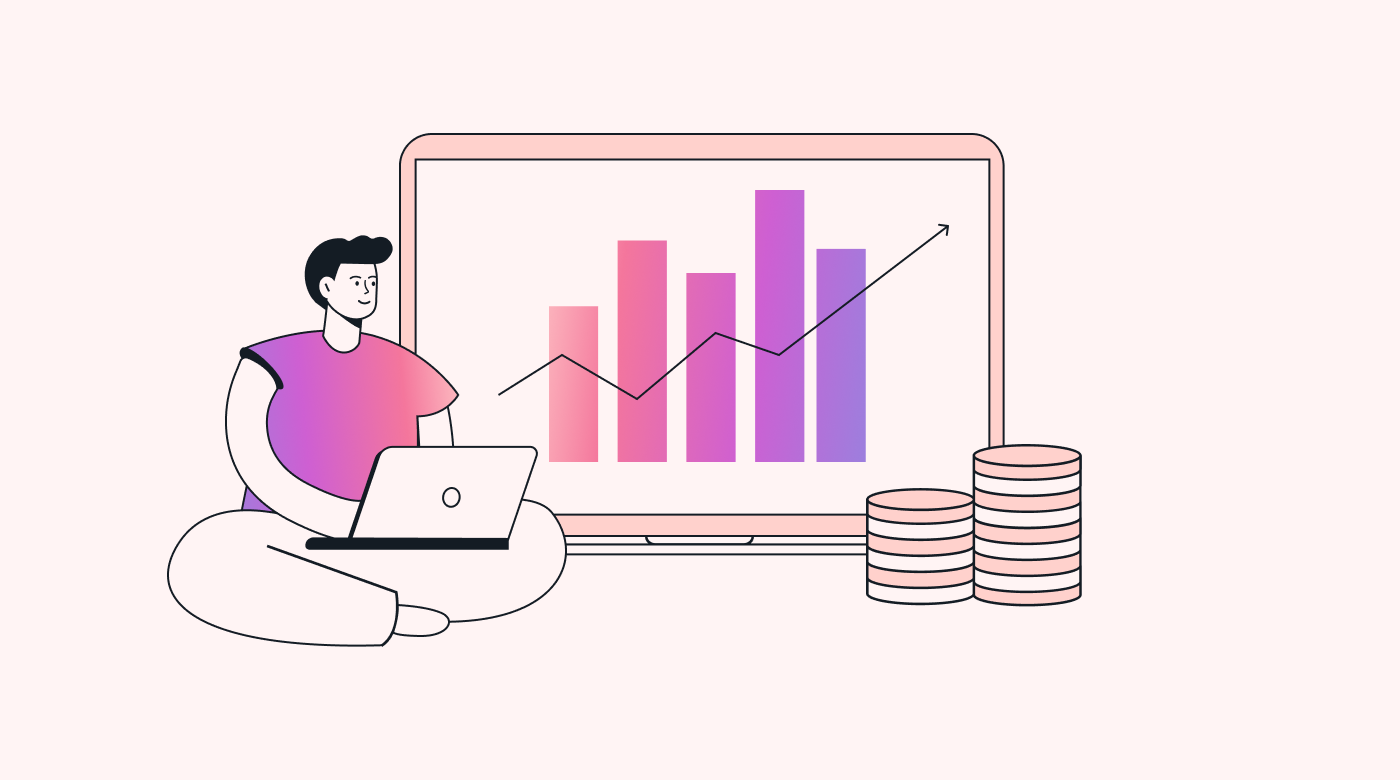 A person with a computer showing a graph and money representing costs