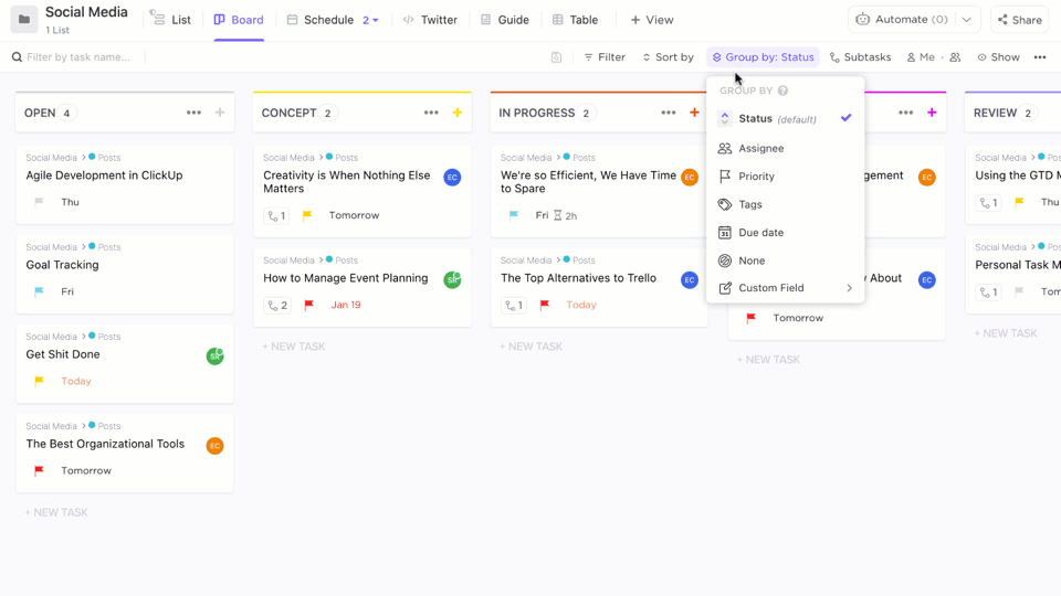 ClickUp Kanban board