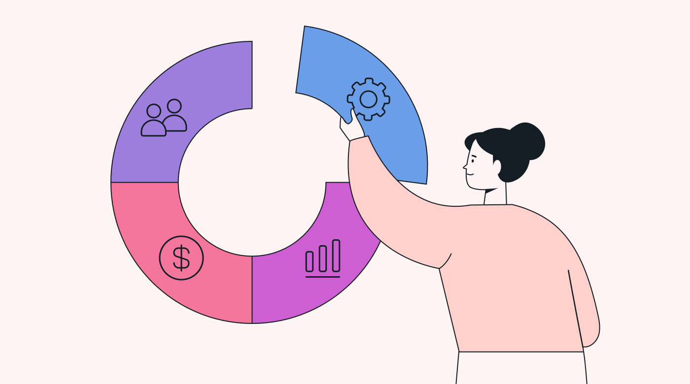 A project manager puts pieces together in a donut chart with icons